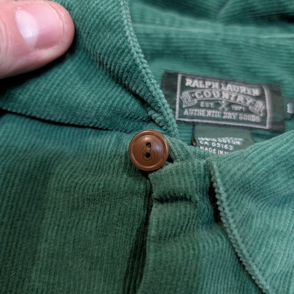 VTG Ralph Lauren Country Corduroy Shirt Mens L Loop Collar Green Flaws - Picture 3 of 6